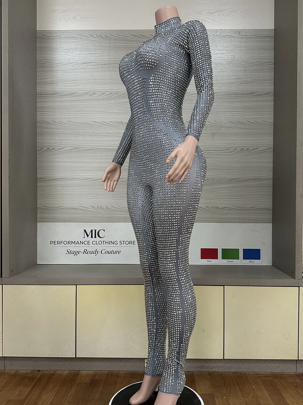 Women Silver Clear Rhinestone High Neck Long Sleeve Sheer Mesh Jumpsuit Sexy Luxury Showgirl Stage Drag Queen Party