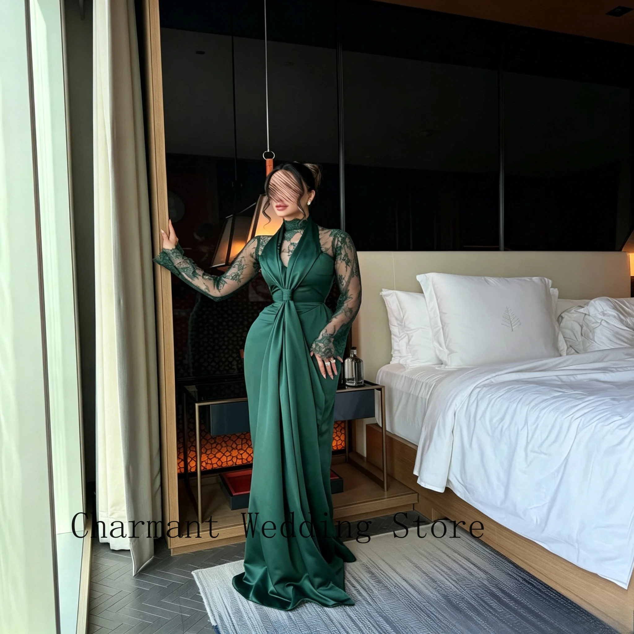 Dark Green Formal Evening Dress with High Neck Sheer Lace Long Sleeves Satin and Mermaid Skirt for Weddings Cocktail Parties