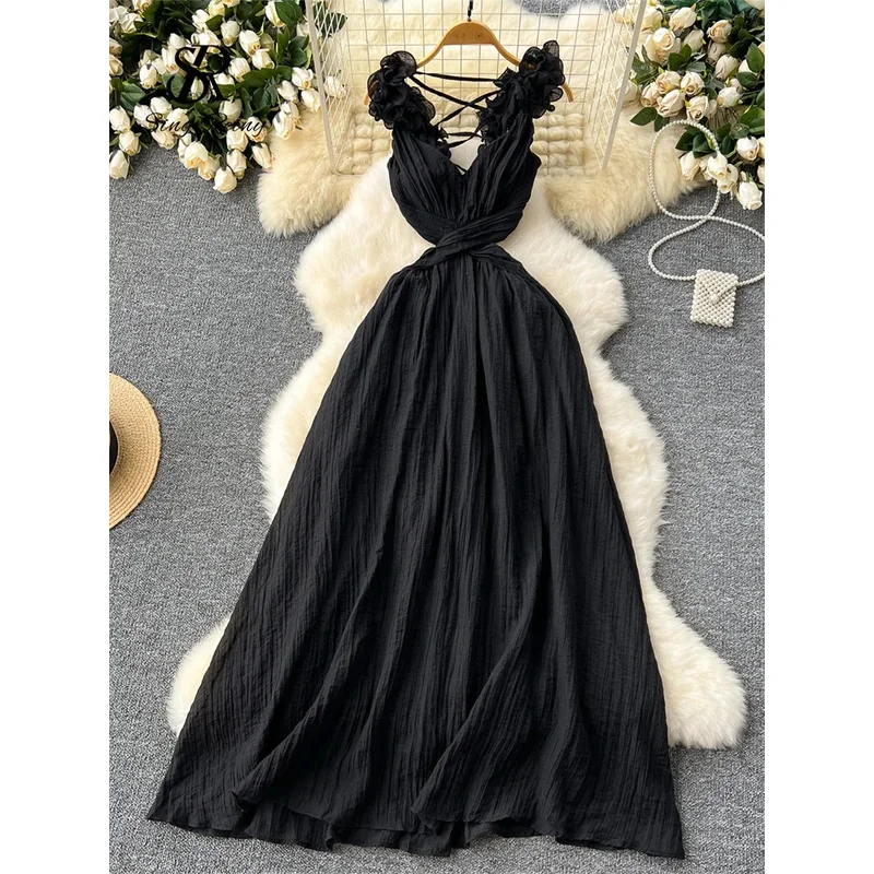 ZIXIN vacances robe Maxi dames 3D florale évider dos nu Sexy robe d'été de haute qualité plissée plage robe de soirée