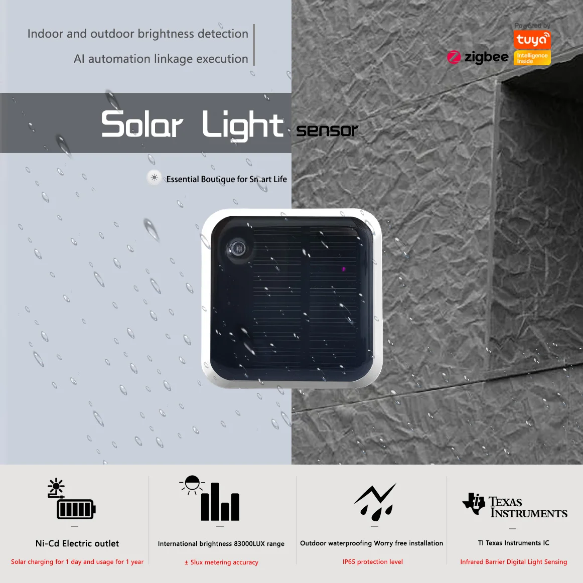 Haozee Tuya Zigbee Sensore di luce solare IP65 Impermeabile Wireless Smart con supporto per energia solare Assistente domestico Zigbee2mqtt