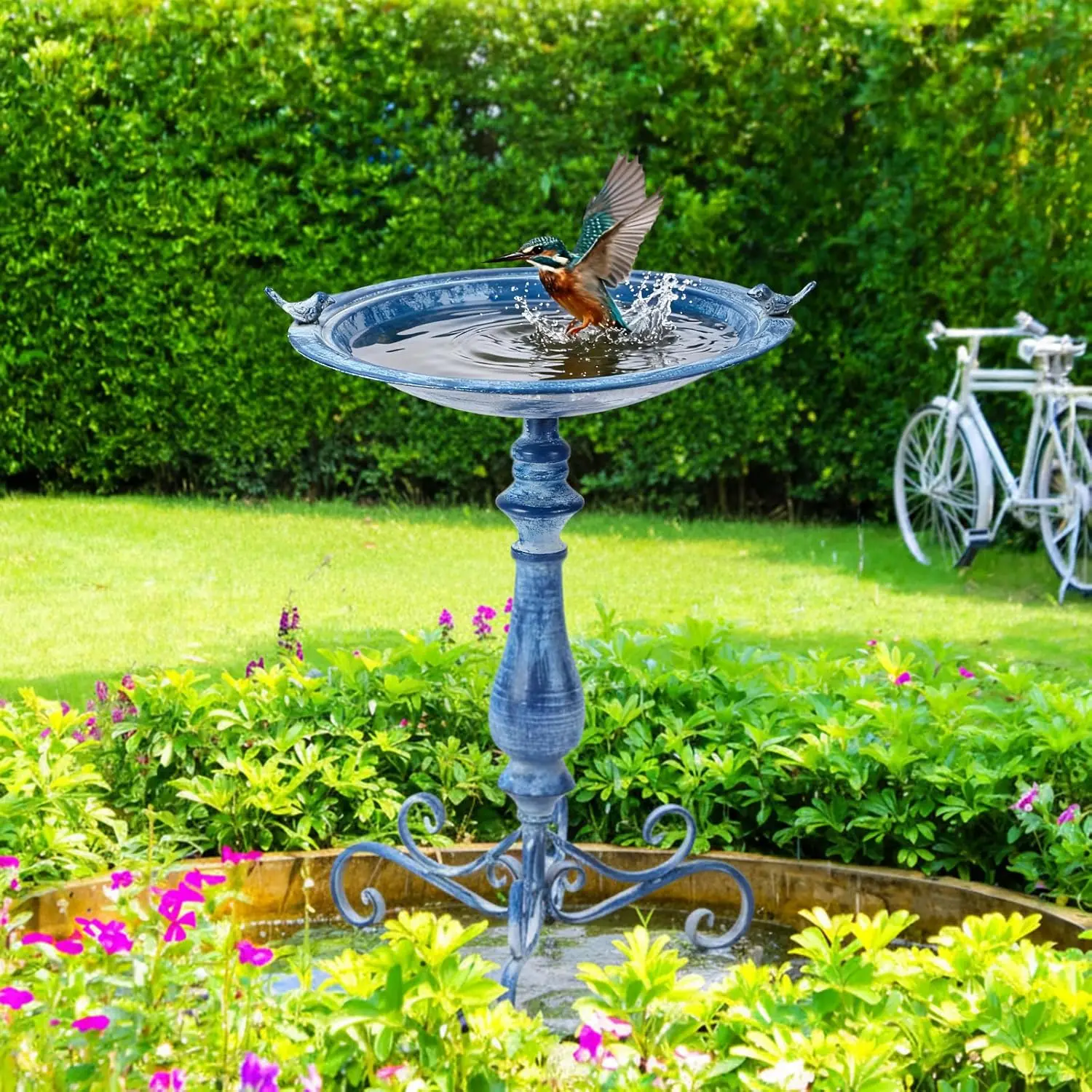 حمام طيور معدني أزرق عتيق مقاس 27.25 بوصة مع طيور من الحديد الزهر، ديكور للحديقة الخارجية، مقاوم للصدأ
