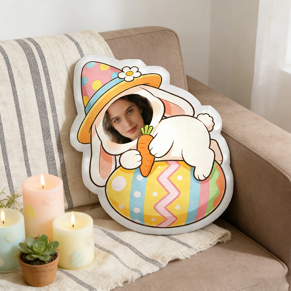 Custom Photo Rabbit Eating Carrot Pillow- Double-sided Print, Polyester Fabric- Personalized Easter Bunny Design with Your Face-