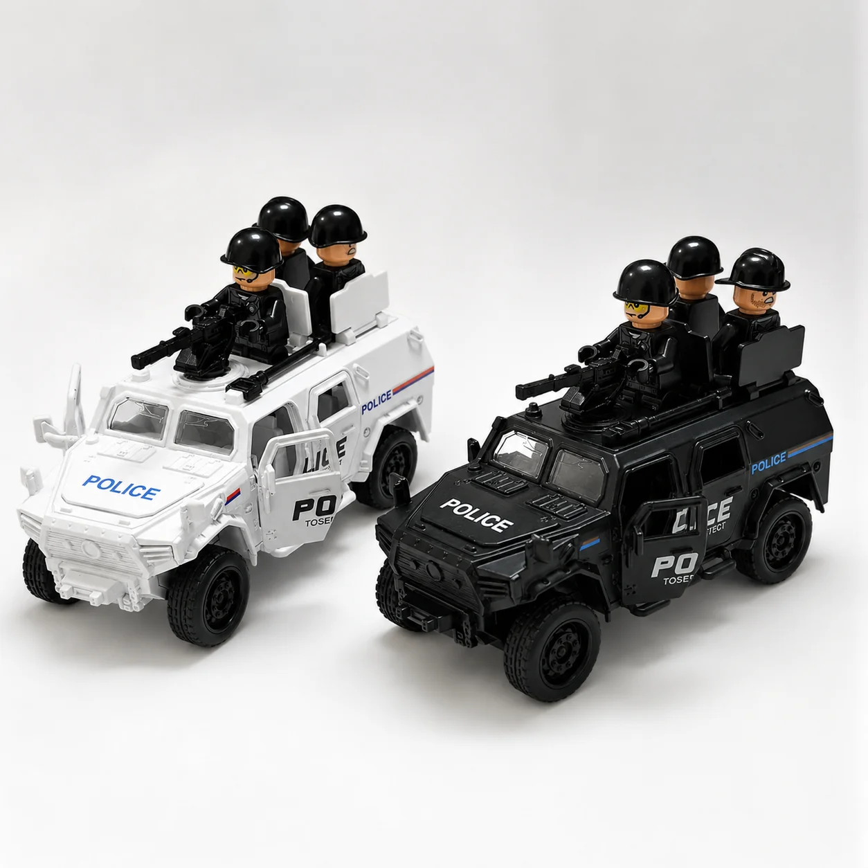 (Corrugated Box) 1/36 Scale, Police Armored Vehicle Style Toy Car with Three Action Figures, Strong Spring Force, Metal Casting