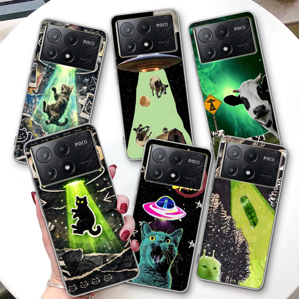 Transparent Case for Xiaomi Poco M7 F7 Ultra F4 X6 M3 X7 M5s M6 X4 NFC M4 F2 Pro TPU Shockproof Phone Cover Space UFO Cat Alien
