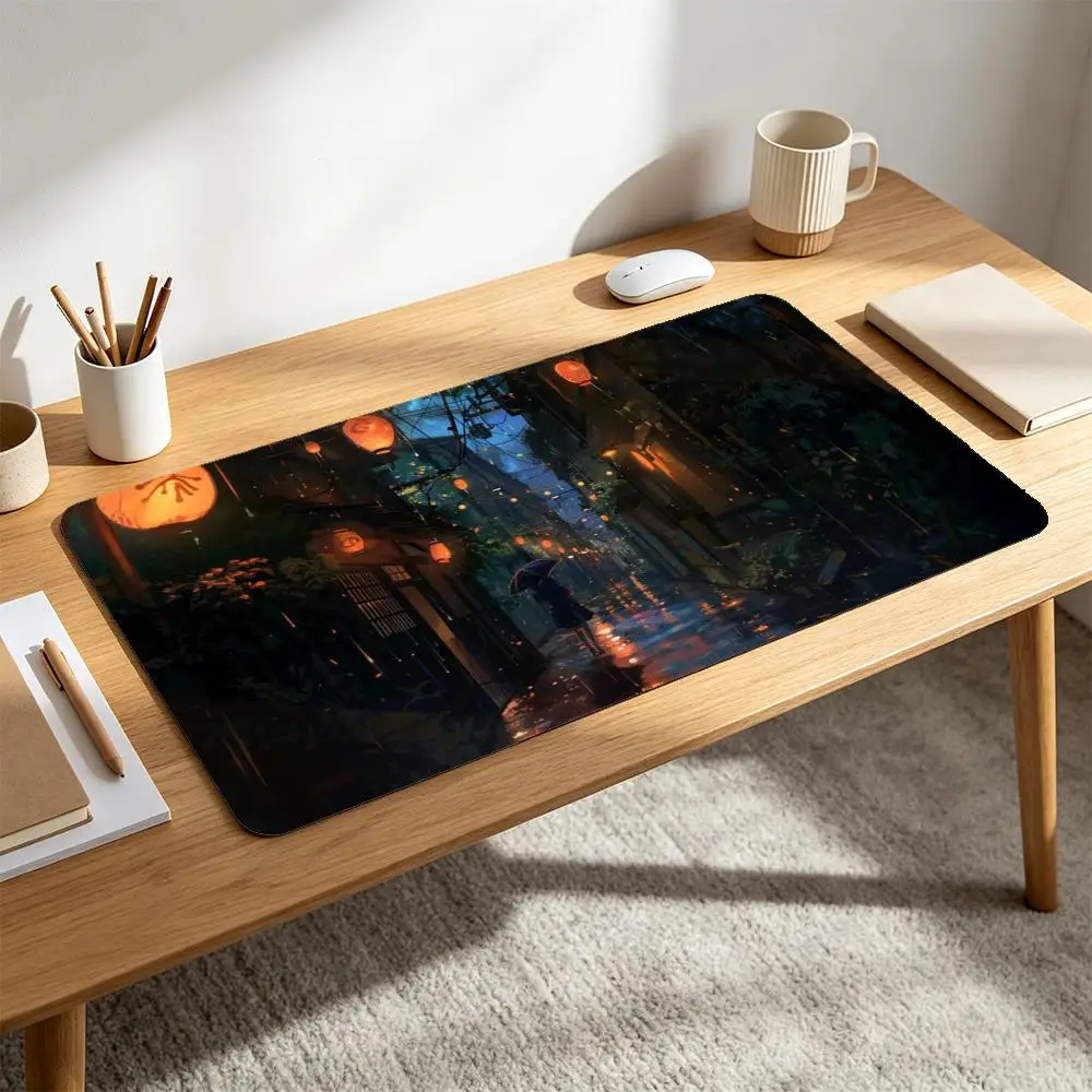 Japanese Rainy Alley Large Gaming Mouse Pad Umbrella Red Lantern Night Non-Slip Desk Mat for Esports Office Card Game Home Gift