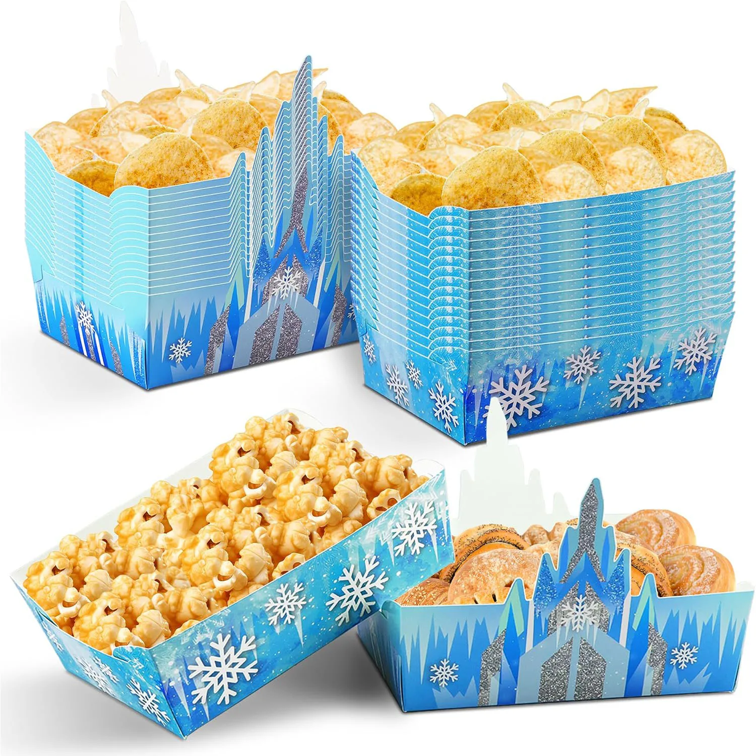 Snowflake Paper Food Trays Castle Food Serving Boat Winter Snow Nacho Trays Disposable Snack bowl for Winter Wonderland Party