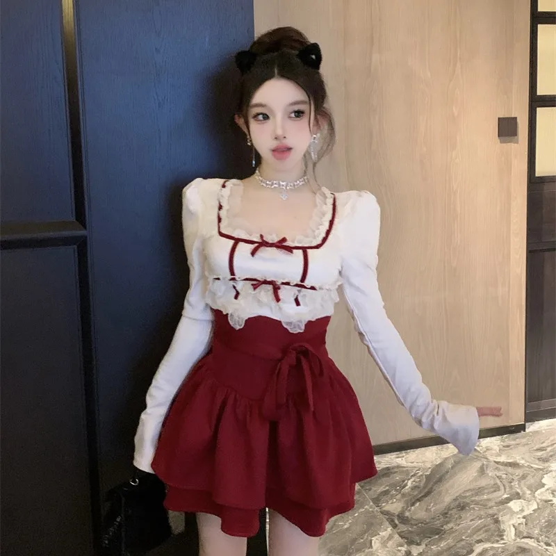 

Pure Desire Lace Splicing Color Colion Long Sve Высокая талия Пышная юбка женский комплект Осень Зима Новый Sle irt