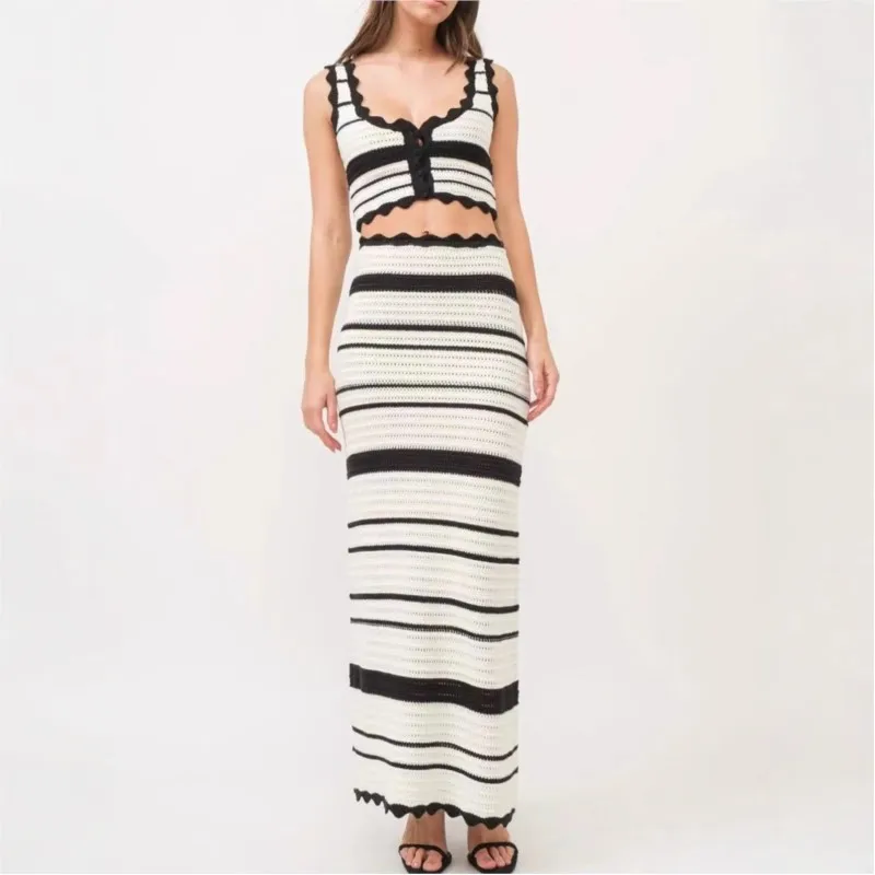 

2025 New Elegant Striped Knitting Skirt Set 2-piece Outfits Button Closure Tank Top High Waist Maxi Skirts Summer Female Chic