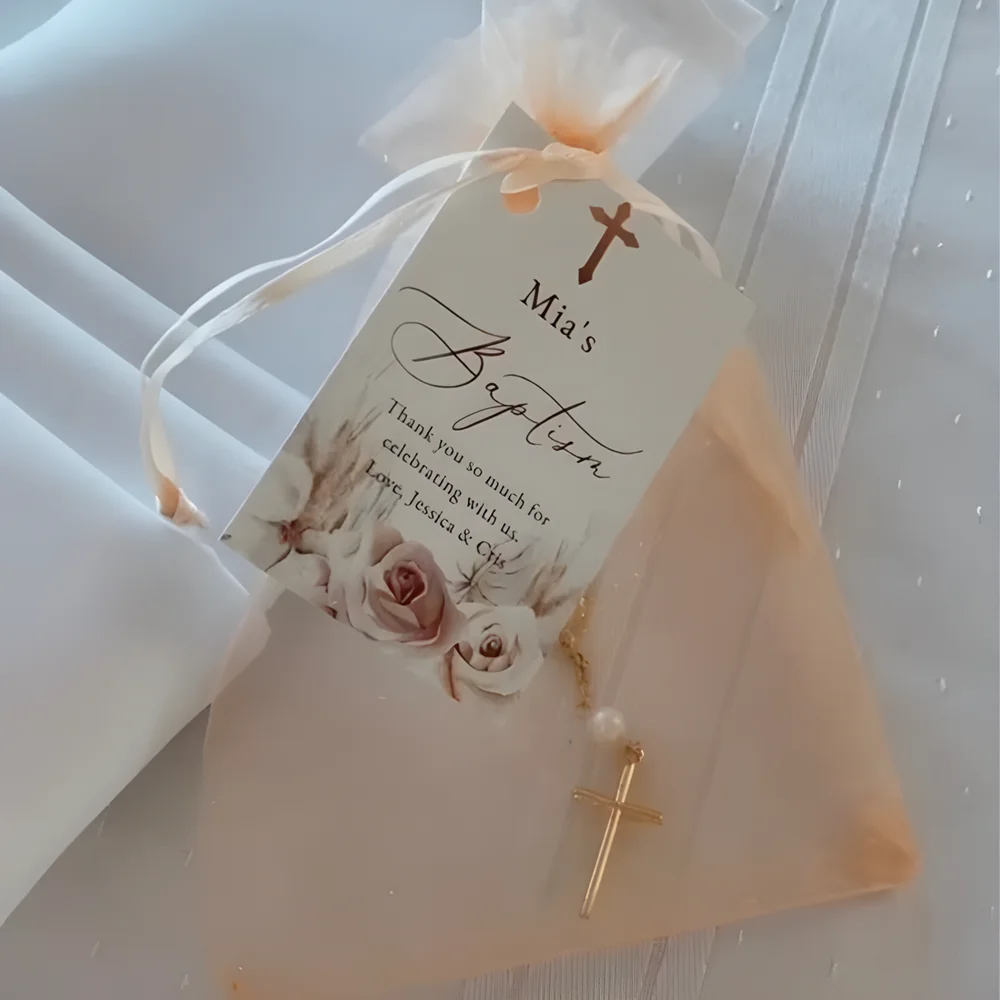 Baptism favor tag, rose gold cross baptism thank you Bag Tags,Dusty pink Printable thank you Tags ,pink flower thank you Tag ，pa view 2