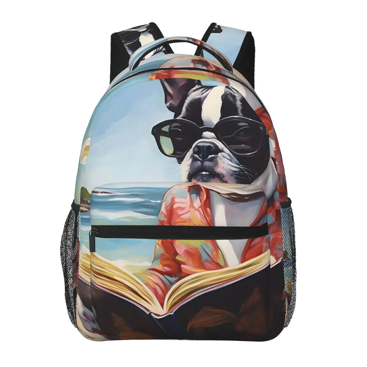 

Boston Terrier Reading A Book On The Beach Backpacks Boys Girls Bookbag Students School Bags Laptop Rucksack Shoulder Bag