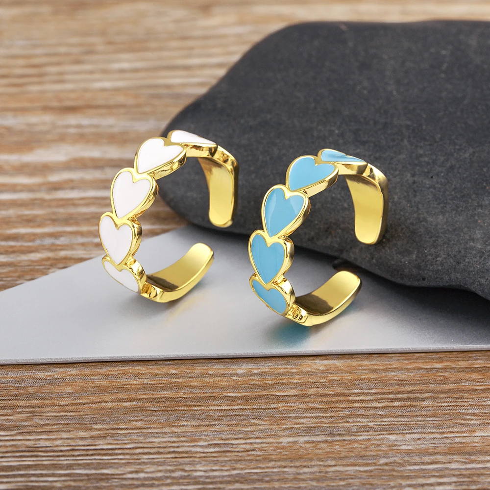 Nidin Enamel Multi Hearts Open Adjustable Rings For Women Girls Sweet Love Statement Finger Jewelry Valentine Birthday Gifts
