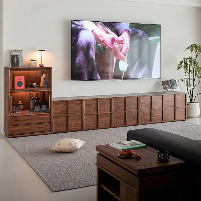 North American black walnut solid wood TV cabinet living room medieval module combination sidecabinet retro multi-functional fl