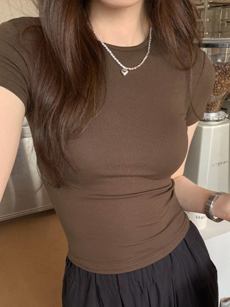 Grey Short Sleeve Women T-shirt 2026 Spring Summer New Ladies Minimal Slim Petite Top Stylish Solid Color Versatile O-neck Tee