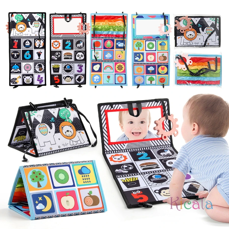 Składana zabawka do łóżeczka, miękka książeczka edukacyjna dla niemowląt, zabawka do zabawy na brzuszku, lusterko dla niemowląt, zabawki dla niemowląt wspomagające rozwój wzrokowy, zabawki edukacyjne dla noworodków.