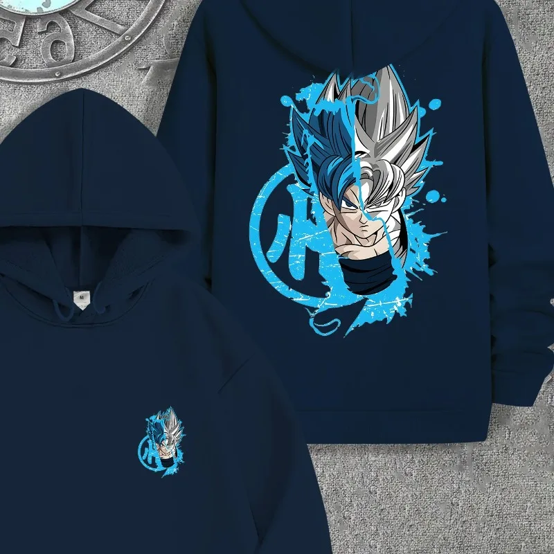 

Мужская толстовка с рисунком Dragon Ball в стиле аниме, черная с синими украшениями, повседневный пуловер, свитер, осенне-зимняя одежда