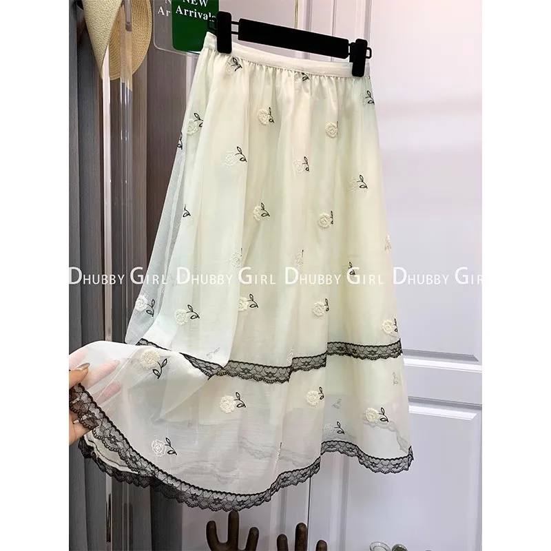 Summer Lace Mid-Length Basic Skirts Womens 2023 New Vintage Skirt Elastic Casual Y2K Skirt Women Clothes