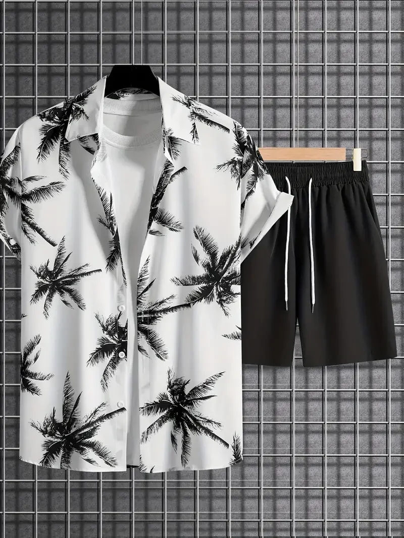 2025 Simple All-in-one Men's Shirt Set Coconut Tree Print 3D Printed Shirt And Shorts Set Summer Casual Vacation Hawaiian Shirt