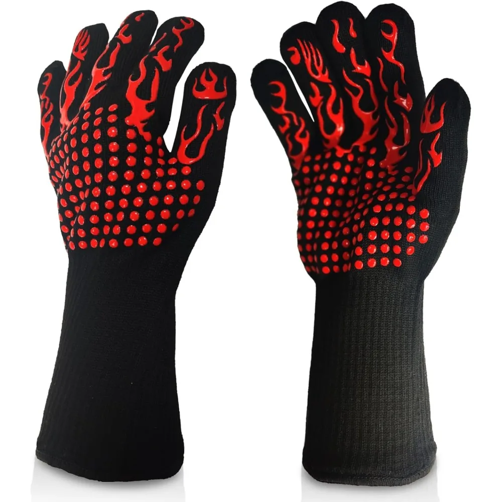BBQ Gloves Fireproof Heat Resistant Cut Resistant Mitts Non Slip Silicone Oven Gloves Kitchen Gloves for Barbecue Cooking Baking