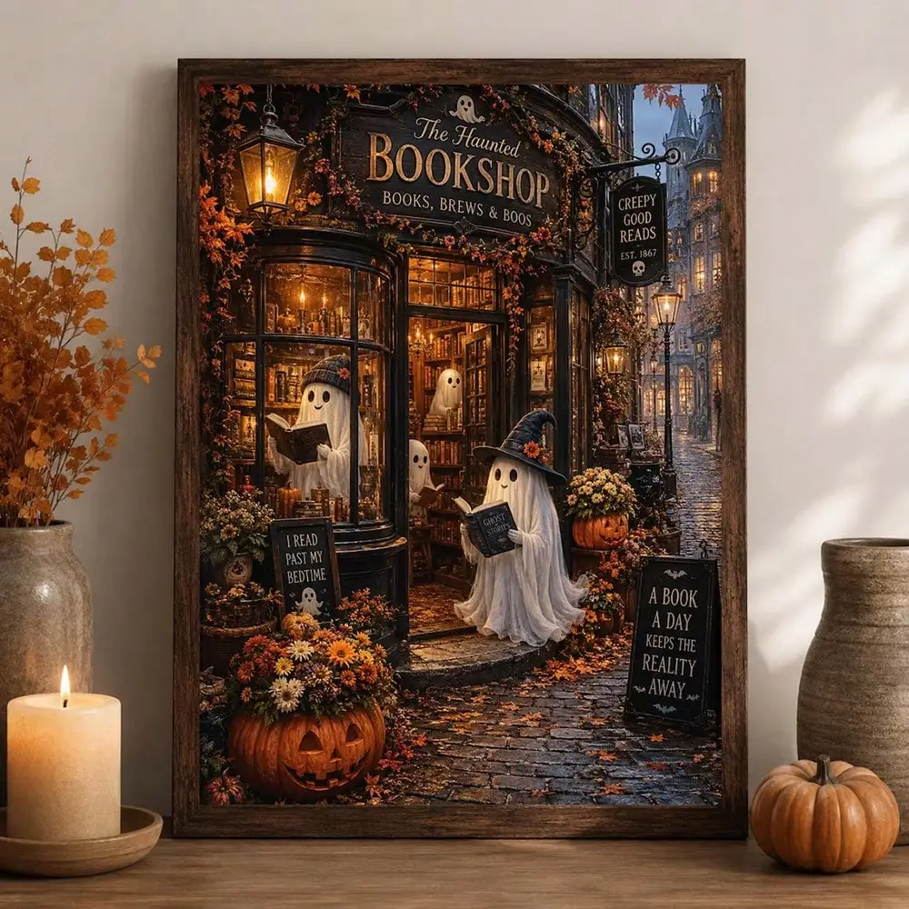 Vintage Haunted Bookshop Framed Canvas Wall Art Halloween Ghost Pumpkin Canvas Painting Spooky Living Room Wall Decor