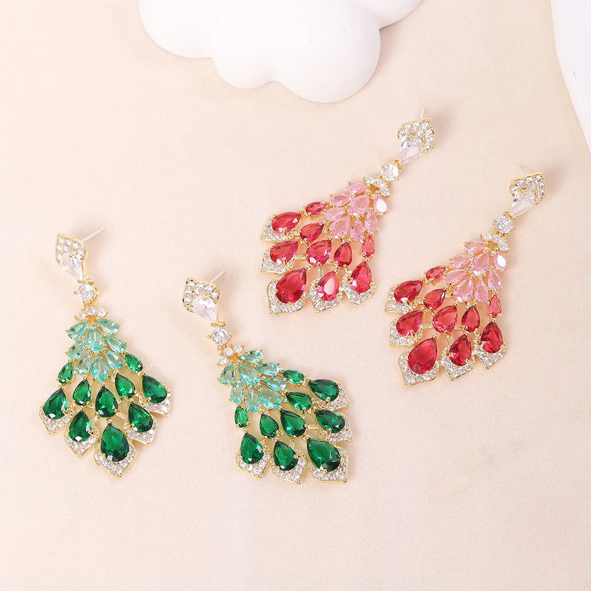 

925 Silver Luxury Peacock Feather Chandelier Earrings for Women, Emerald Ruby Pink CZ Drop Earrings, Statement Bridal Jewelry