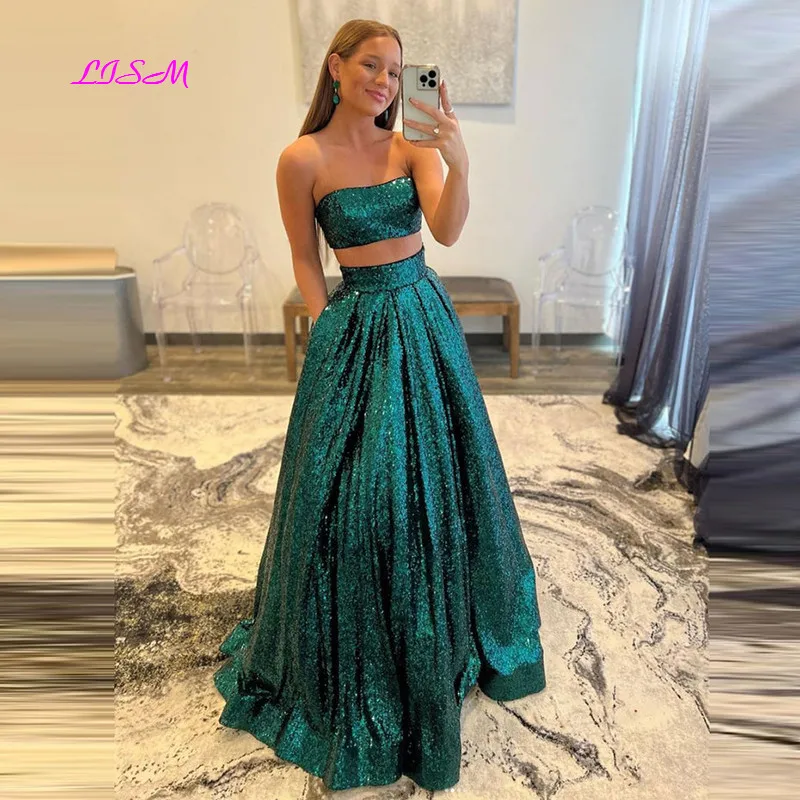 Green Two Pieces Long Prom Dress Shiny Sequined Prom Party Gowns Strapless Floor Length Evening Formal Dress