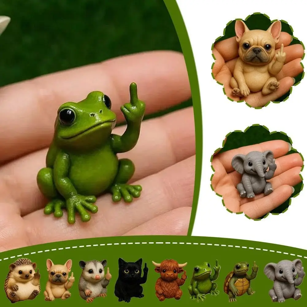 3D Funny Middle Finger Animal Statue Mini Dog Cat Figurine Resin Highland Cattle Frog Sculpture Desktop Ornament For Home Office