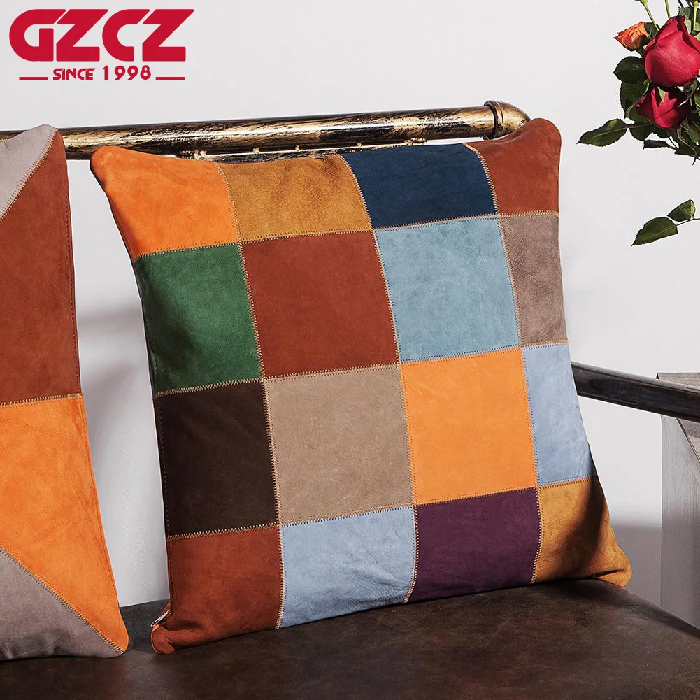 GZCZ 45*45 Real Leather Patchwork Throw Pillow Covers Modern ﻿Popular Cushion Cases Office Sofa Chair Decorative Pillowcases