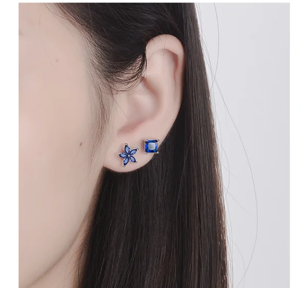 Square & Flower Created Blue Sapphire 925 Sterling Silver Asymmetrical Stud Earring for Women Fashion Statement Gemstone Jewelry