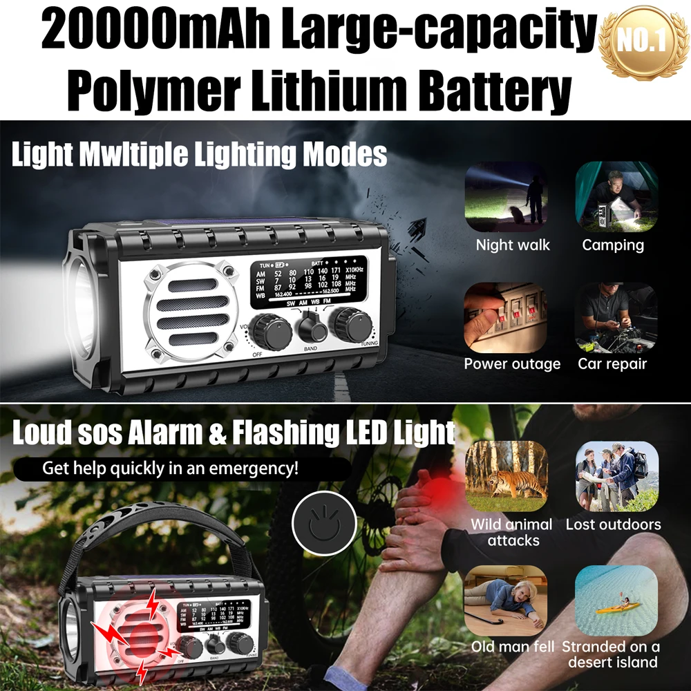 Woopker Radio XSY-350 20000mAh Radio awaryjne FM Solar Korbka USB Ładowanie SW/AM/FM Power Bank Latarka Alarm SOS 2025 — zdjęcie produktu 6