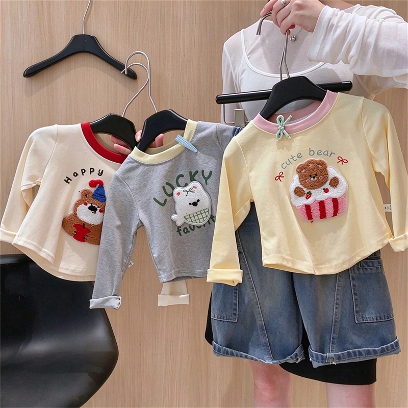 Cute Kids Girls Long Sleeve T-shirt 3D Plush Applique Cartoon Bear Puppy Tee Cotton Toddler Baby Tops Bottoming Shirts