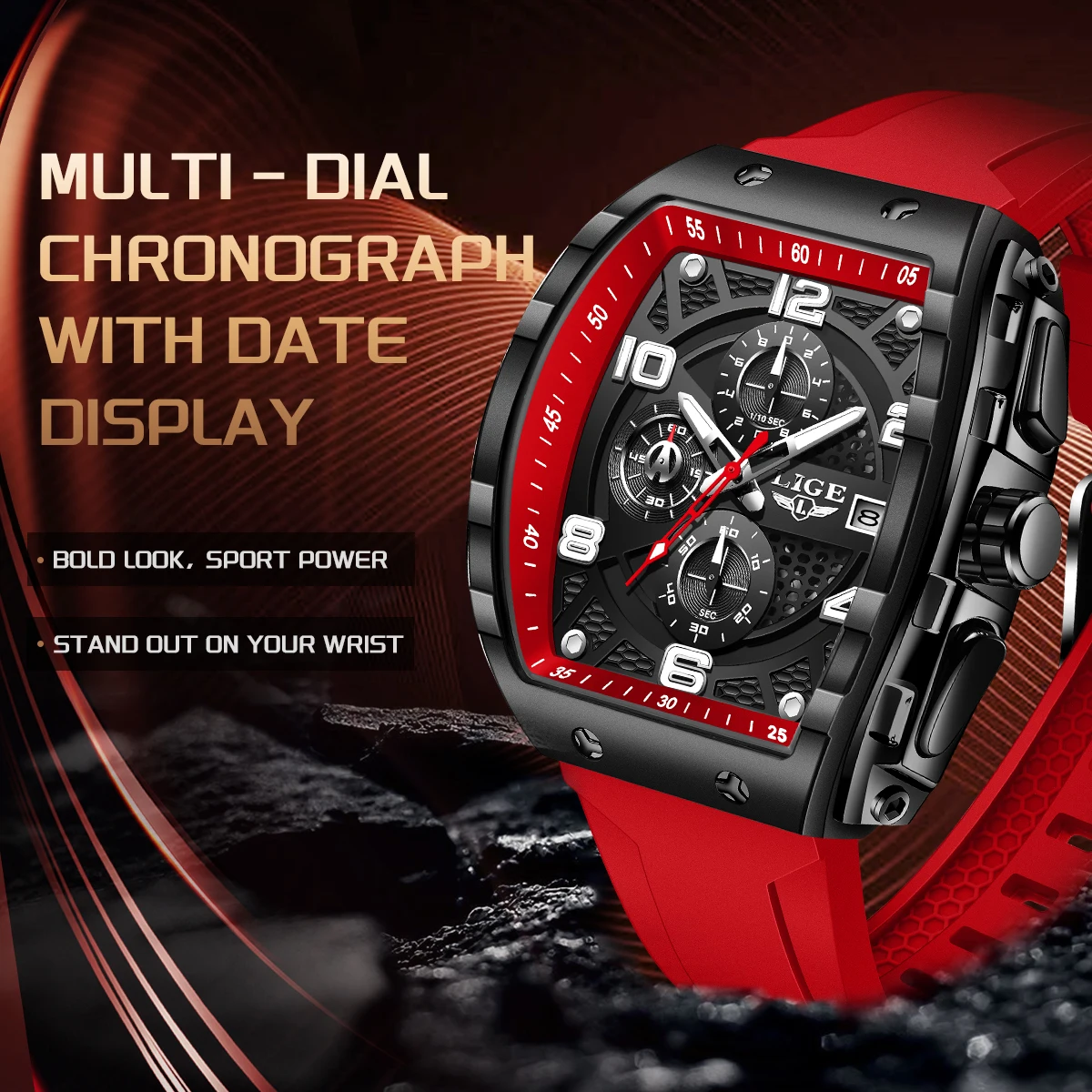 LIGE Top-Marke Herren-Silikonuhren Luxuriöse Quadratische Quarz-Armbanduhr Wasserdichte Leuchtende Chronograph-Uhr für Männer Datumsanzeige