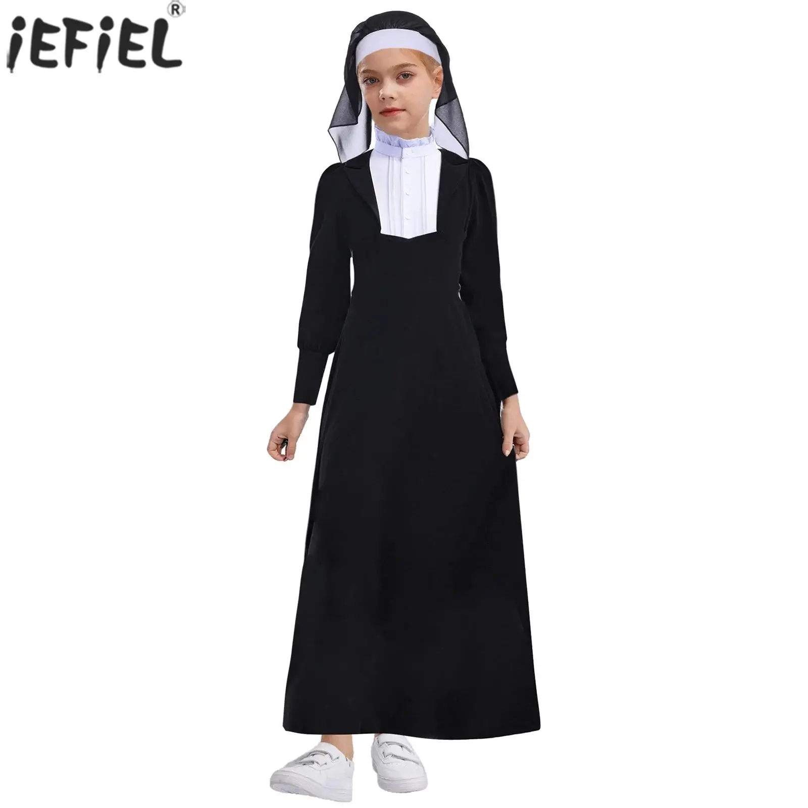Disfraz de monja para niñas, fiesta de Halloween, religión cristiana católica, disfraz de misionero, vestido Maxi de manga larga con velo