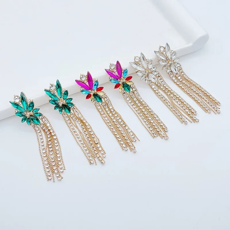 Fashion Gold Color Green Flower Rhinestone Link Chain Tassel Bohemia Long Pendant Drop Earrings for Women Party Jewelry