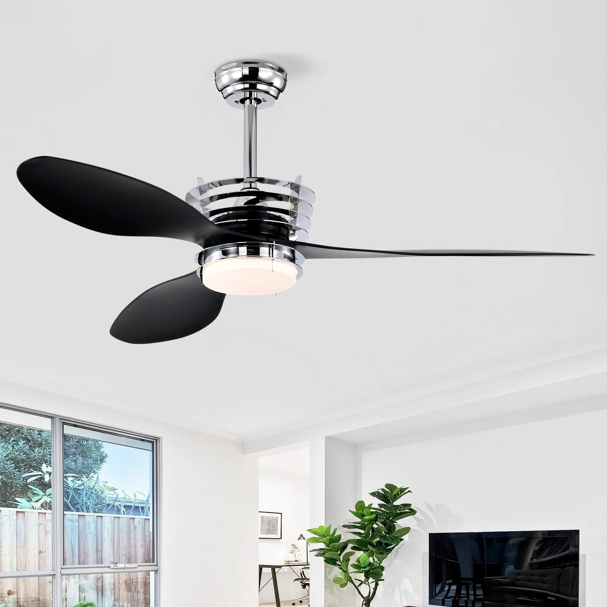 52 Ventilateur de plafond sphérique en ABS avec lumières et télécommande CC, ventilateur de plafond moderne à moteur CC avec 3 ventilateurs ABS et 2 tiges vers le bas, intérieur C