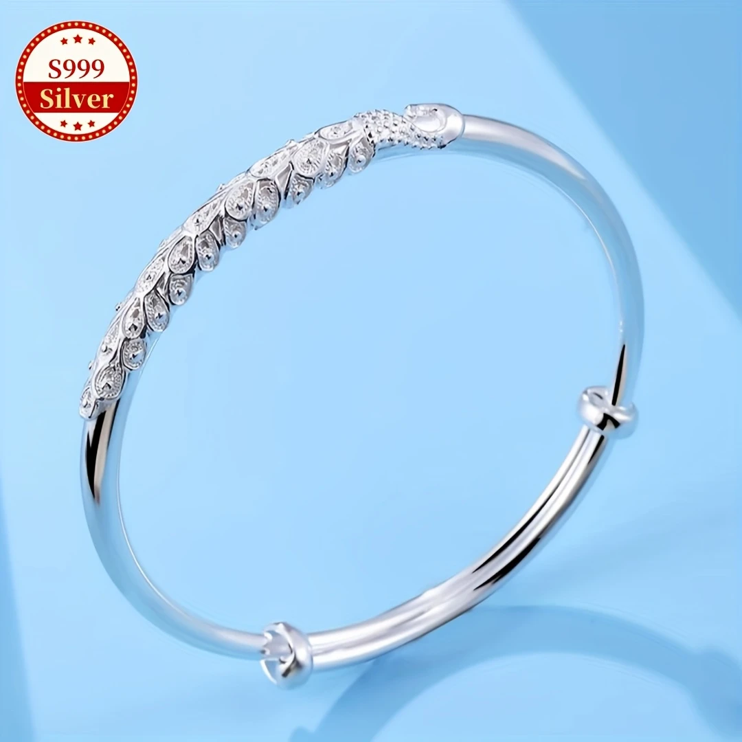 OUYADI 999 Sterling Silver Ladies Elegant Push‑Pull Silver Bracelet, Free Custom Engraving Fine Jewelry Gift