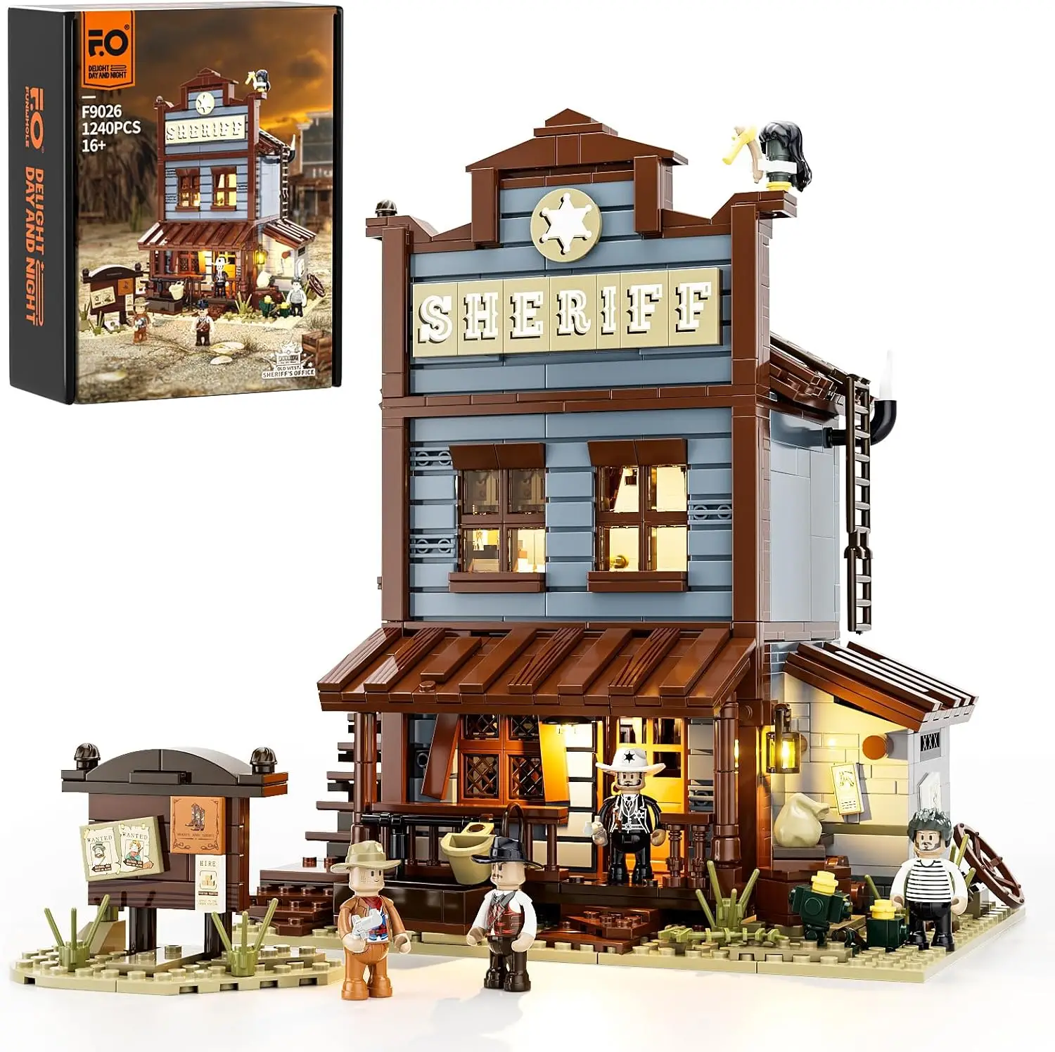 

FUNWHOLE 1240 Pcs Sheriff's-Office Lighting Building-Bricks Set - The Old West Sheriff's- Office Model With Color Box
