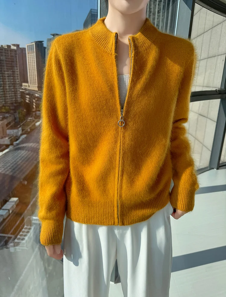 

TLOML Women 100% Mink Cashmere Sweater Mock Neck Zipper Solid Cardigan Spring Autumn Winter Soft Warm Mink Cashmere Knitwear Top