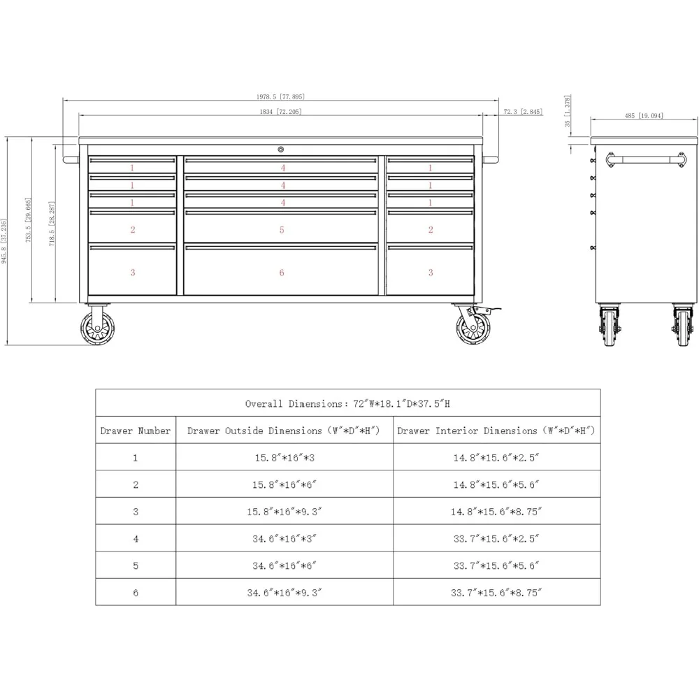 72-inch Rolling Tool Chest with 15 Drawers and Wheels, Mobile Garage Workbench, Large Tool Box Storage Tool Cabinet with Wood T