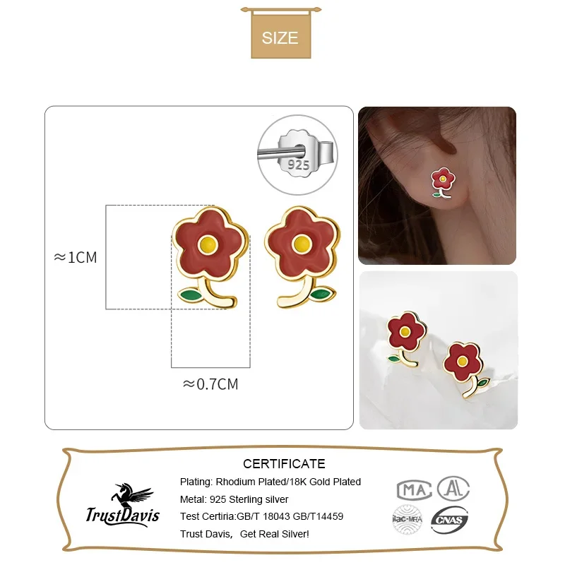 TrustDavis Real 925 Sterling Silver Earring For Women Glaze Flower Stud Earrings Jewelry Wedding Anniversary Party Gift DA3152