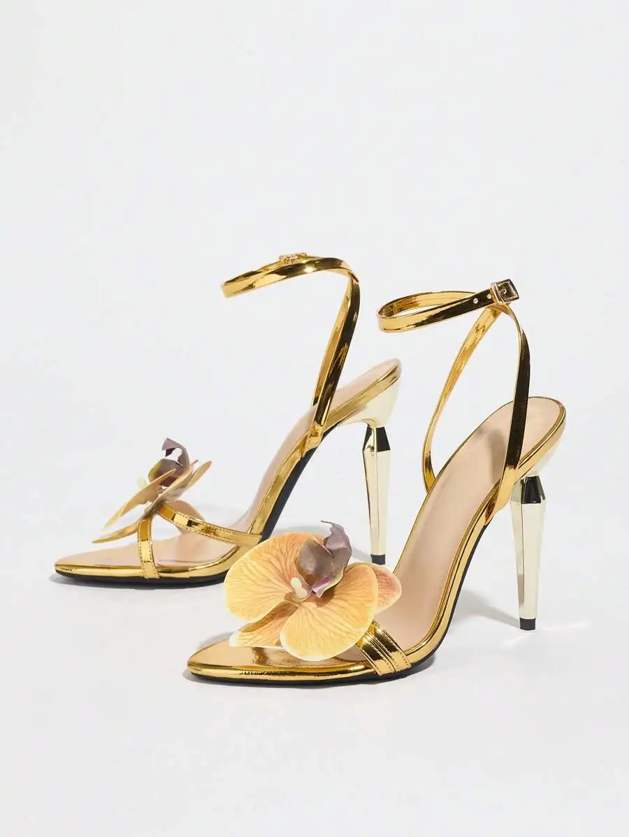 Sandalias de Tacón Alto Delgado con Baño de Oro para Mujer, Decoradas con Flor de Orquídea, Correa Ajustable en el Tobillo, Elegantes Zapatos de Vestir para Fiesta