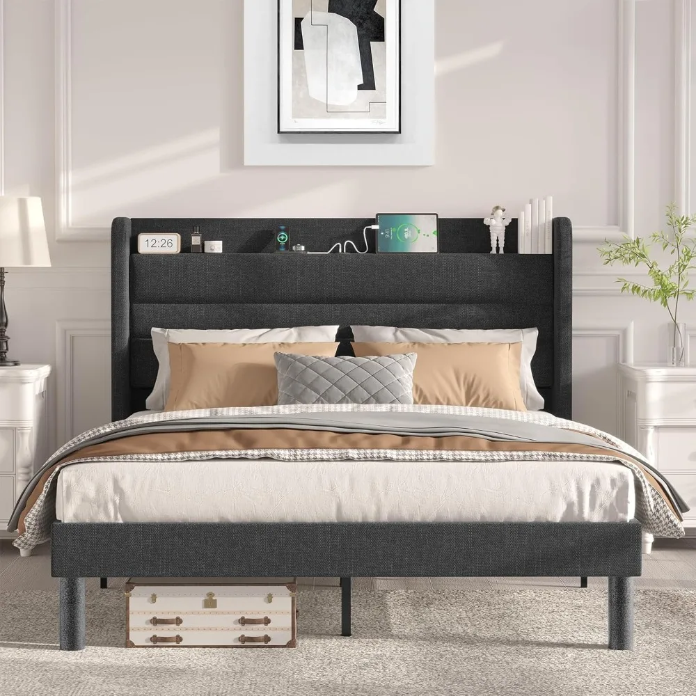 Bed Frame with Type-C & USB Ports Upholstered Platform Bed Frame with Wingback Shelf