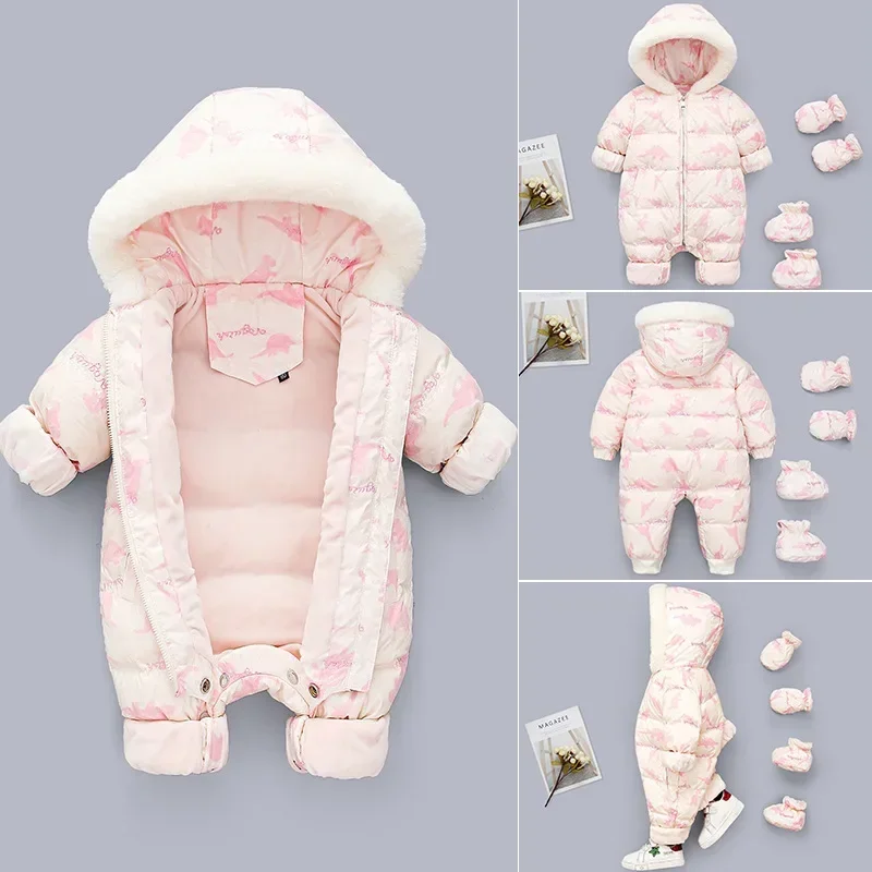 Baby Winter Jumpsuit Rompers Hooded Plus Velvet Warm Newborn Snowsuit Girls Overalls Toddler Boys White Duck Down Snow Clothes