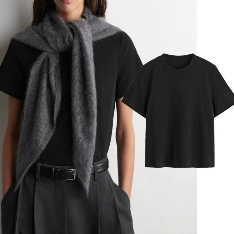 Maxdutti Nordic Minimalist Solid Color Cotton T-shirt For Women Basic Top Summer T-shirt Woman Clothes Female Clothing