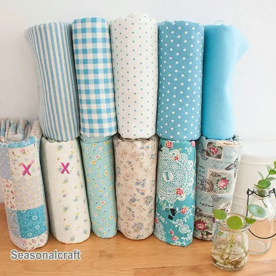 Blue Bundle Blue Linen Cotton Fabric Bundle- Blue Fabric Fat Quarter Bundle, 9 Fat 8th Quarters Pieces each 13\