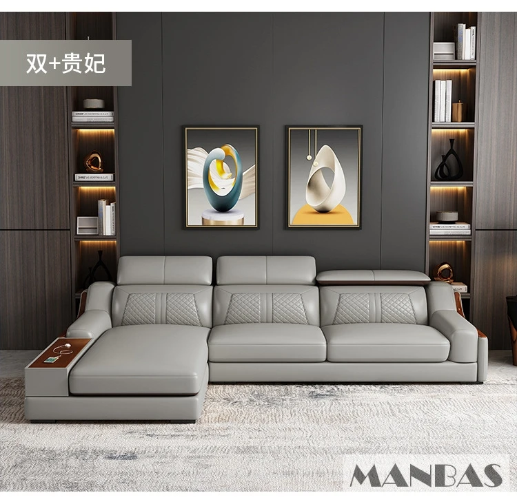 Stylish Italian Genuine Leather Sofa for Living Room with Cup Holder, USB, Adjustable Headrests & Bluetooth Speaker - Linlamlim