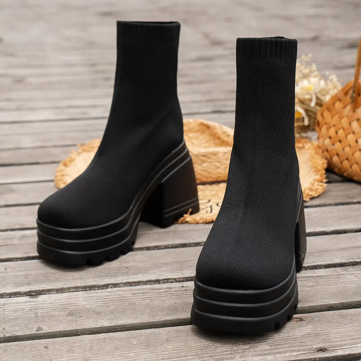 Women's Fall Casual Knit Platform Fashion Boots, Elastic Sock Boots, Fashionable High Heel Boots, Plus Size Boots, Short Boots