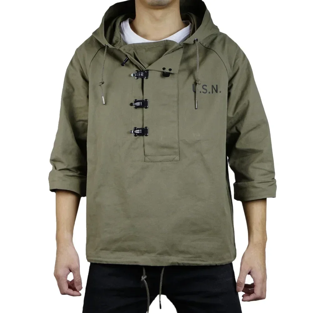 

WWII WW2 American Soldier Deck Suit Hoodie Iron Buckle Hooded Long Sleeve Pure Cotton Loose Training Jacket