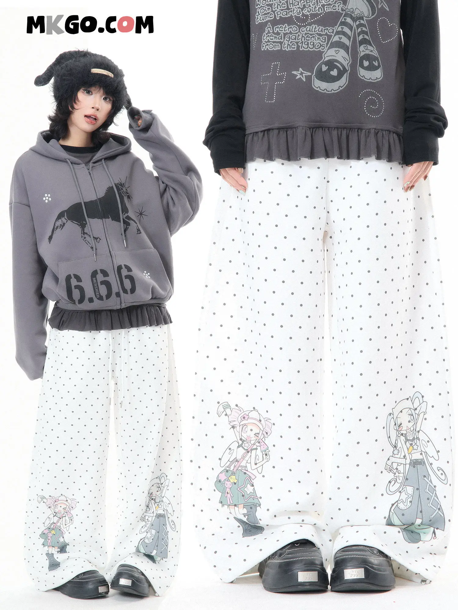 

Повседневные брюки MKGO для женщин: свободные, комфортные, широкие спортивные штаны с принтом в белый горошек, из смесового хлопка