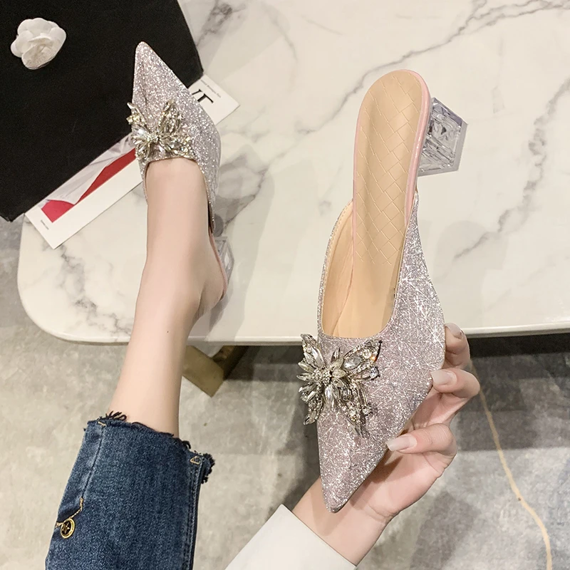 

Women's Rhinestone Buckle Decor Block Heels, Tassel Detailed Point Toe Pumps, Fashion Dress Heels