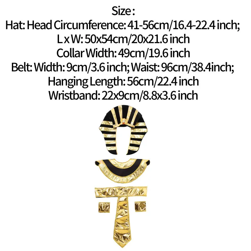 5 Pcs Egyptian Costume Accessories Pharaoh Hat Egyptian Collar Belt Wristbands for Men Halloween Costume King Cosplay Role Play